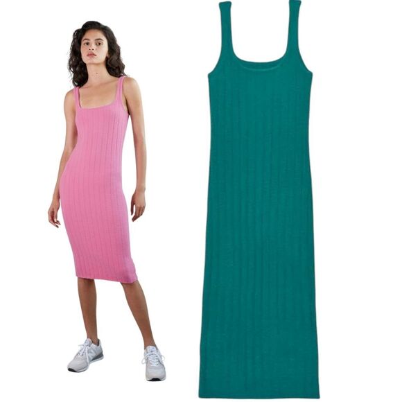 Aritzia Teal Blue Rib Knit Italian Yarn Hush Tank Midi Dress Size M - Picture 1 of 15